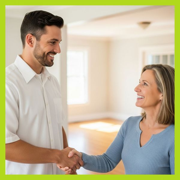 A woman shaking hand with a restoration worker