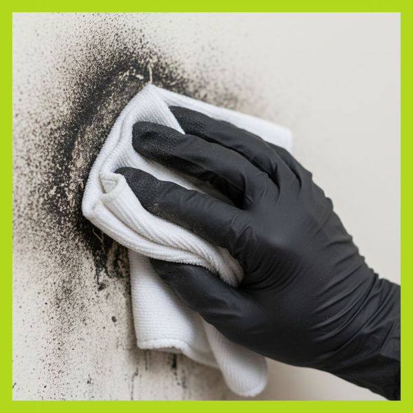 A close-up of a gloved hand cleaning thick black soot and smoke damage from a wall.