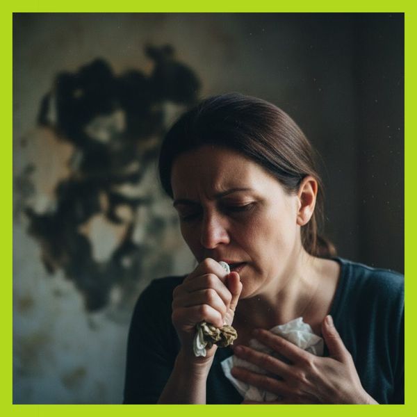 A person coughing, symbolizing the respiratory health risks of mold exposure.