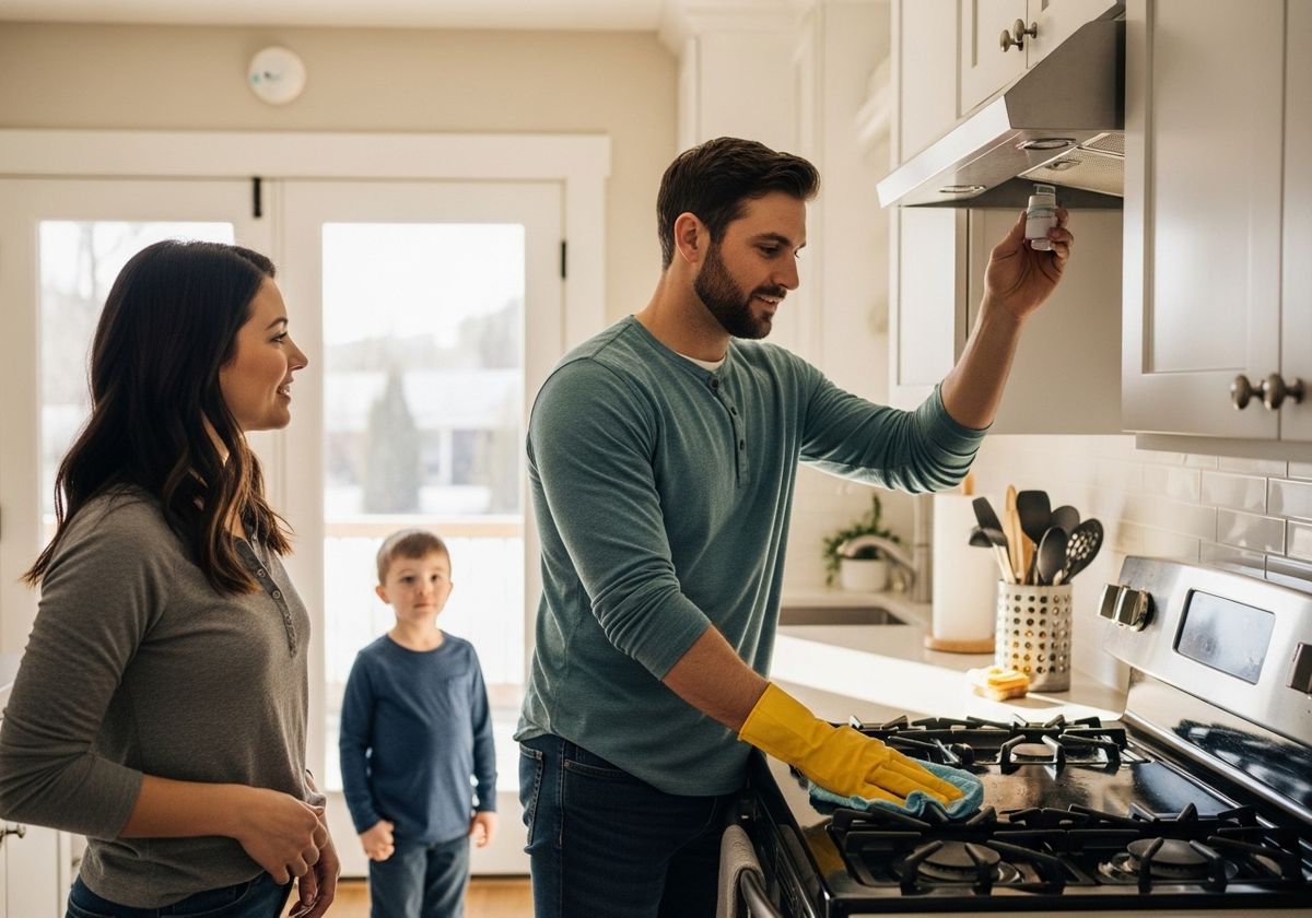 Family cleaning the kitchen together