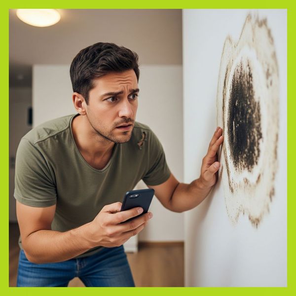 A concerned homeowner looking at a patch of black mold on a wall A concerned homeowner looking at a patch of black mold on a wall