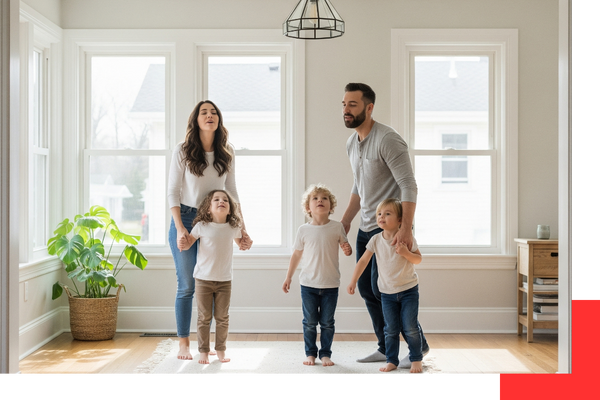 A happy family in their living room following successful mold remediation