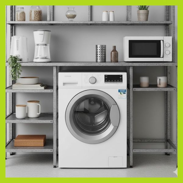 A modern washing machine and various kitchen appliances on shelves, representing proper appliance maintenance.