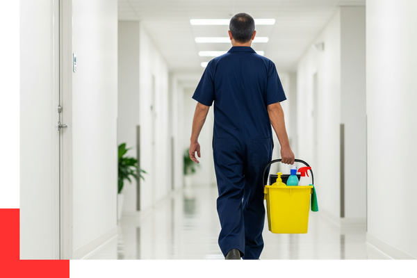 A janitorial worker walking through a hallway carrying cleaning supplies