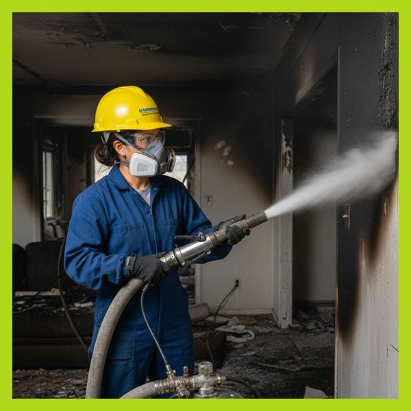 A trained fire restoration company technician using professional equipment to clean a home.