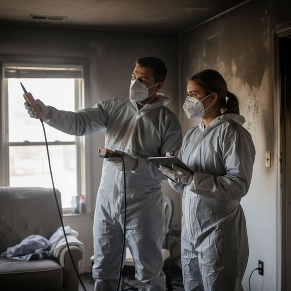 Technicians wearing masks inspecting damaged property