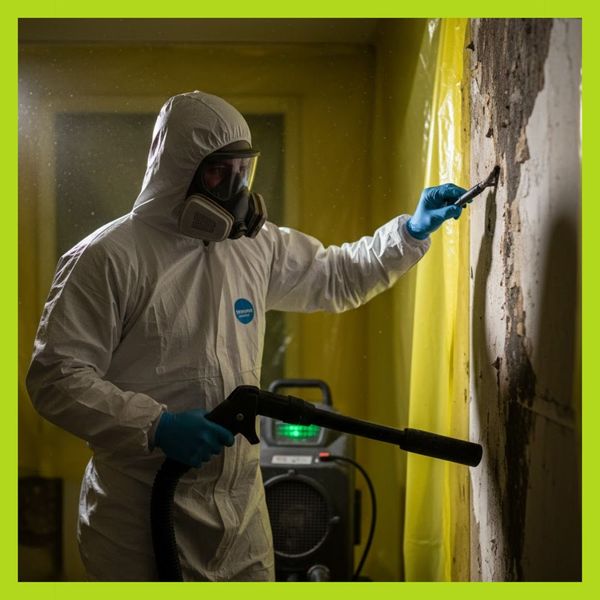 A professional mold clean-up services technician in full protective gear remediating a home.