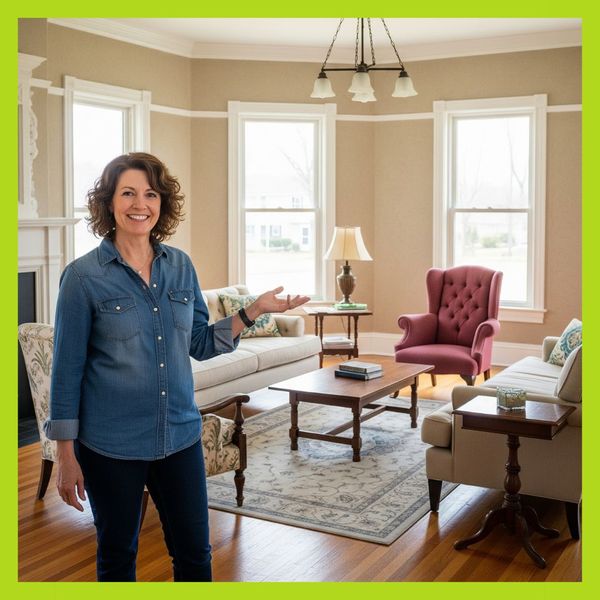 A happy woman standing in the living room of her newly restored home