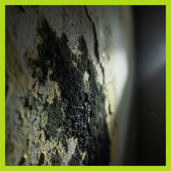 A close-up of dark, toxic mold on a wall, indicating a serious infestation.
