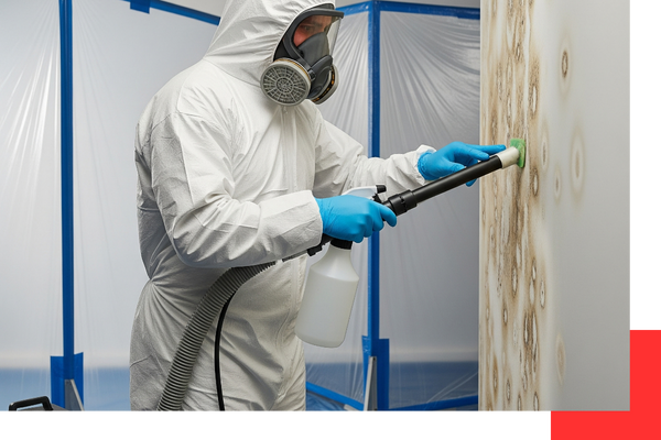 A mold remediation worker using a tool to treat mold on a wall