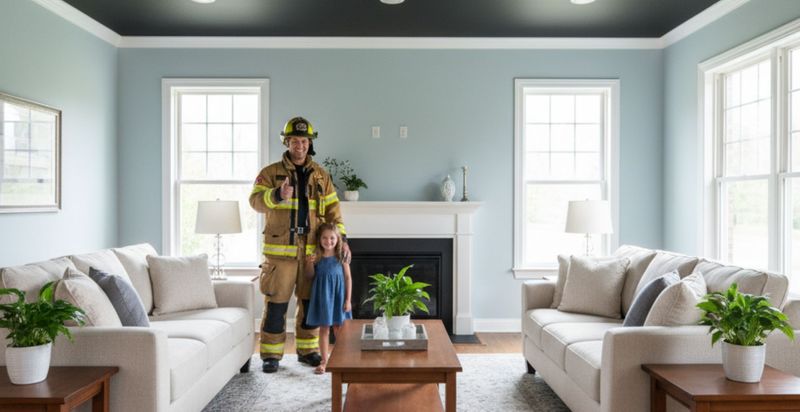 A bright, beautifully restored living room, representing a safe home after fire damage restoration.