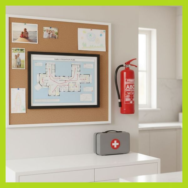 A red fire extinguisher mounted on a clean kitchen wall, easily accessible for emergencies.