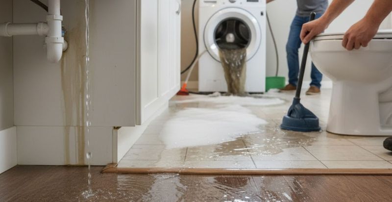 A homeowner looking dismayed at a flooded kitchen with a leaky sink, overflowing washing machine, and toilet.