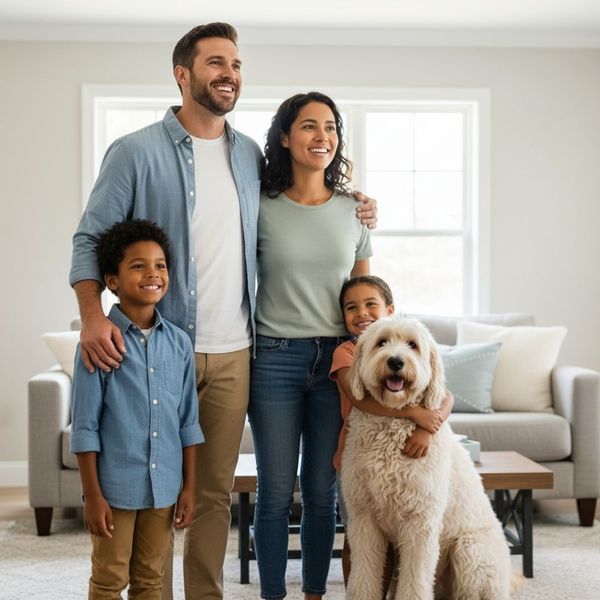 Family looking relieved after property restoration