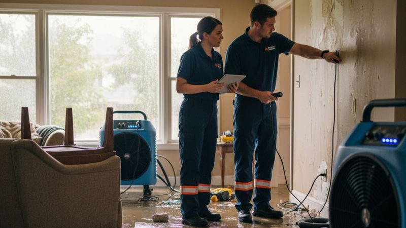 Emergency restoration team assessing flood damage Emergency restoration team assessing flood damage
