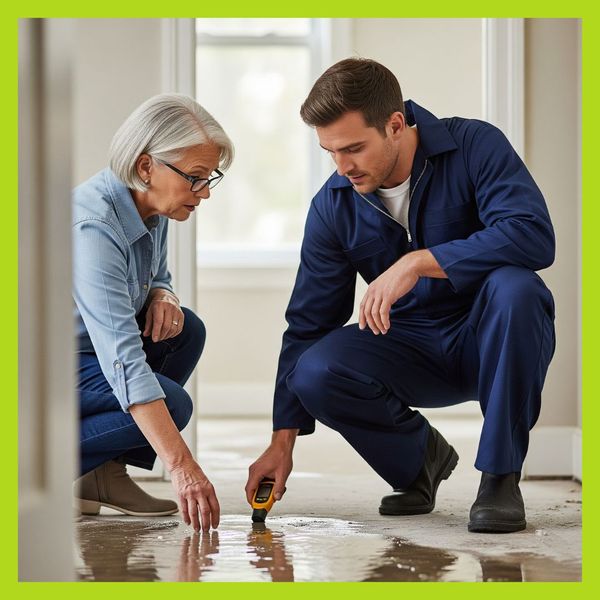 Water restoration worker kneeling with a customer and looking at water on a floor