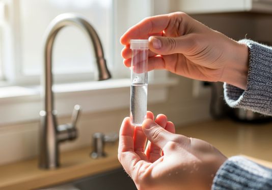 Water sample in a vial being tested at the sink