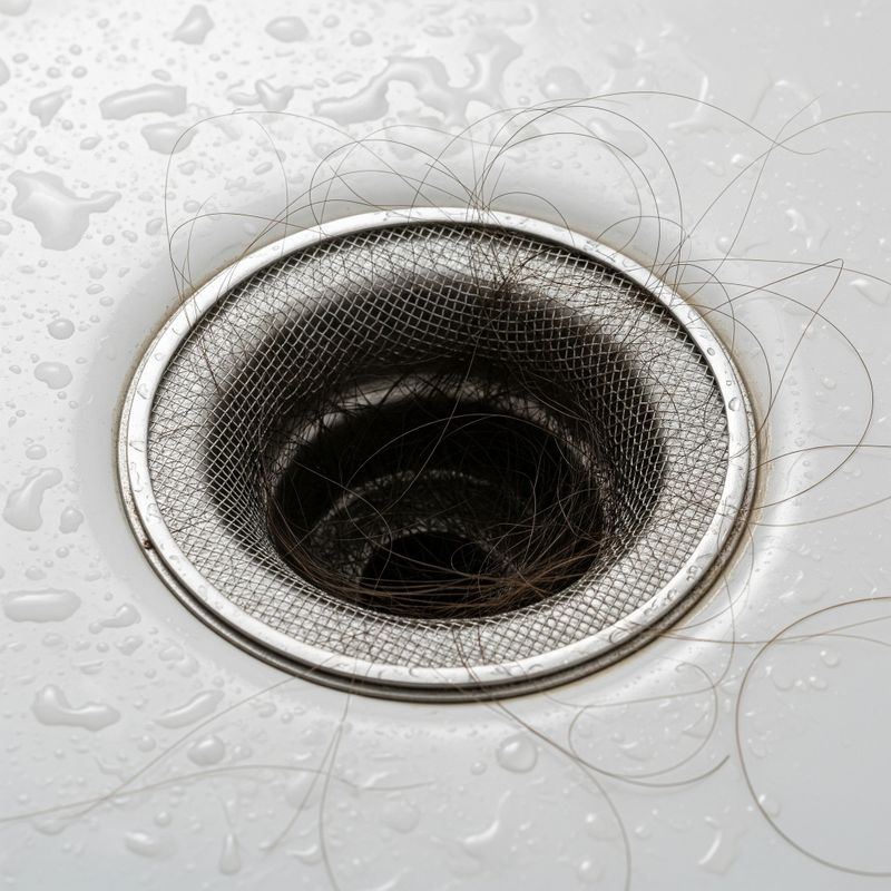 A bathroom drain with a simple mesh drain screen in place, catching strands of hair.
