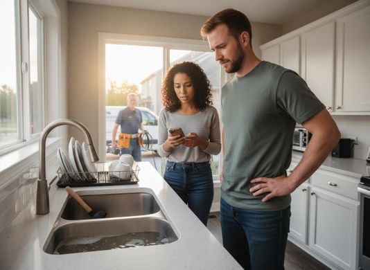Couple with a Clogged Kitchen Sink and Plumber