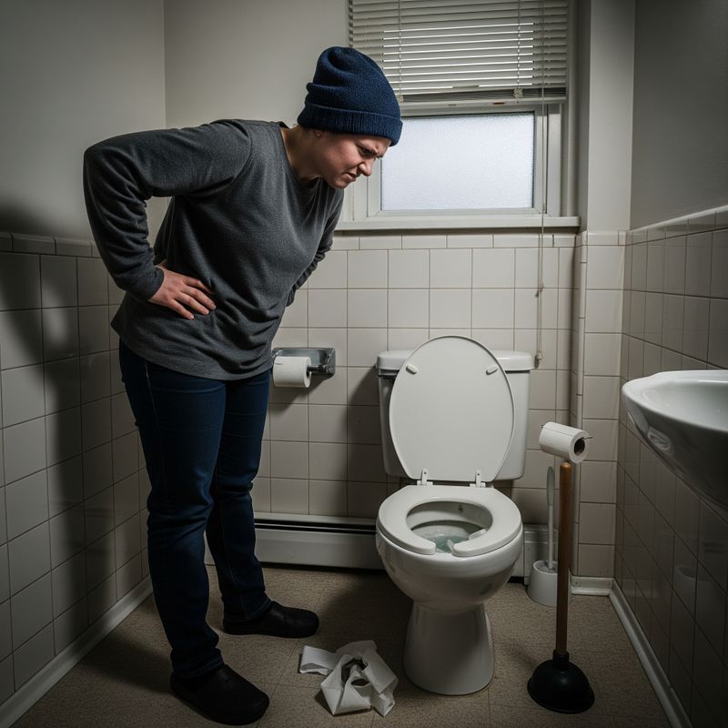 Person standing frustrated next to a toilet