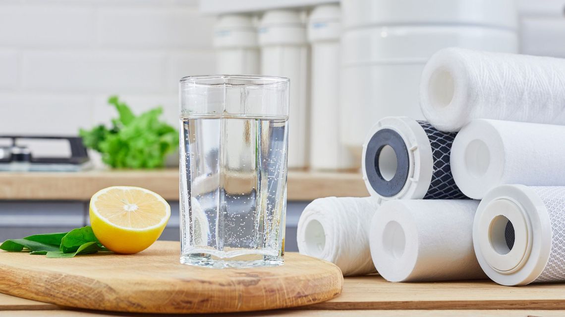 glass of water sitting by water filters