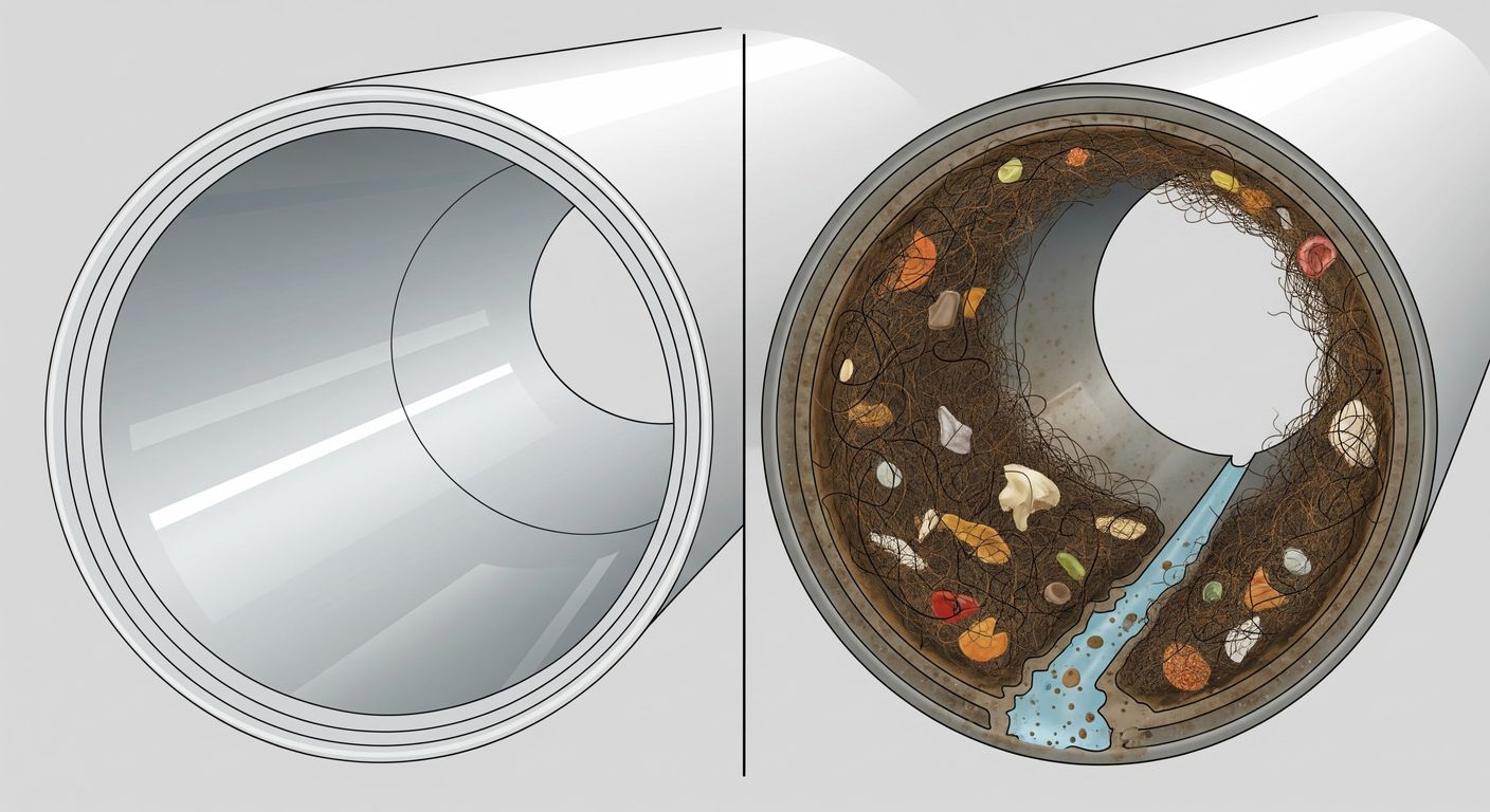 A graphic illustration of a cross-section of a clean, clear drainpipe contrasted with a clogged, dirty drainpipe.