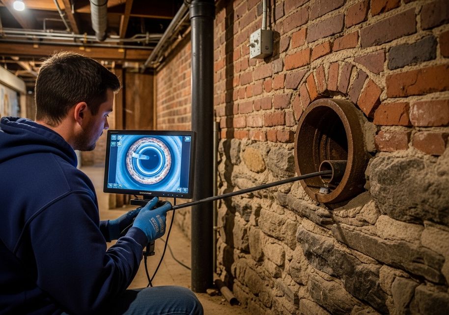 A technician is inspecting a sewer line using a camera. The camera is attached to a long, flexible rod that is inserted into the sewer line. The technician is watching the live feed from the camera on a monitor, looking for blockages, cracks, or other damage that could cause problems. Sewer Line Inspection with Camera