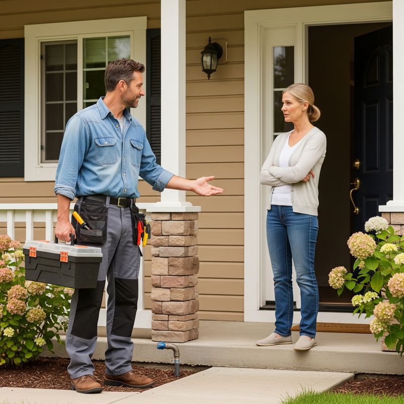 Plumber standing outside of the front door to a home talking to the home owner, don't use any text or logo
