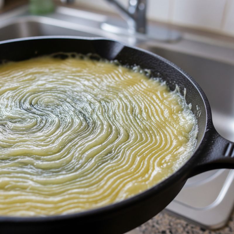 A close-up image of solidified grease in a pan, ready for disposal, with a kitchen sink in the blurred background.