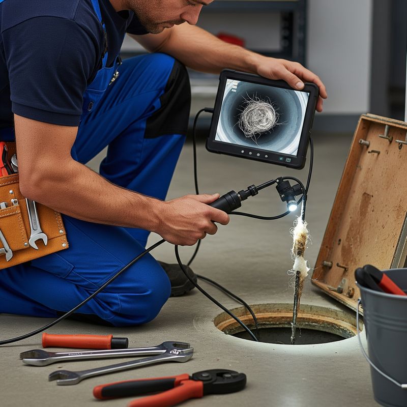 Plumber using a camera for drain inspection to locate a blockage.