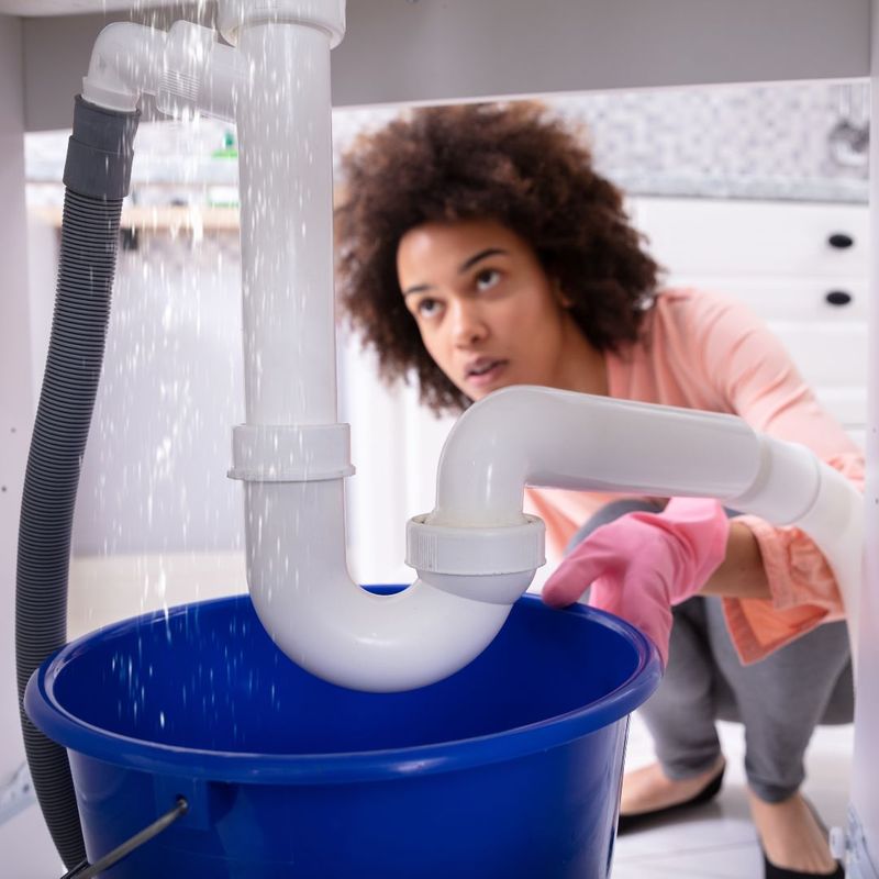 Woman discovering leaking pipe