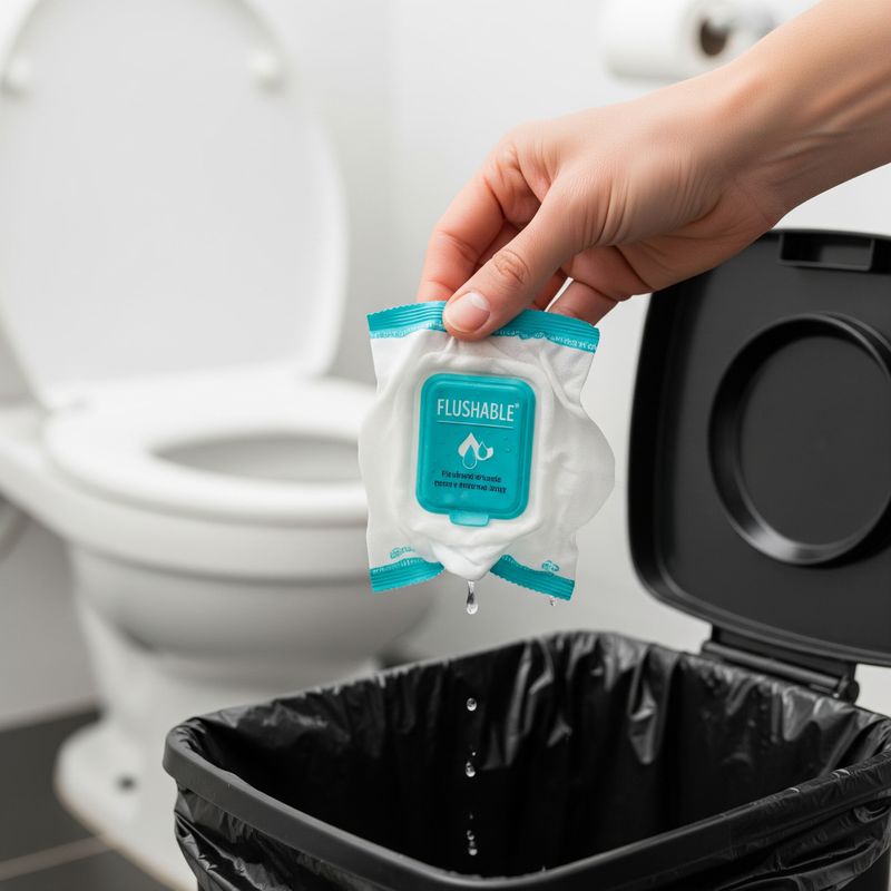 A "flushable" wipe being held over a trash can, emphasizing disposal rather than flushing, with a toilet in the background.