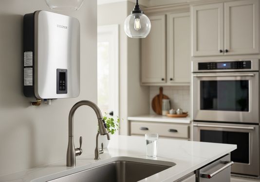 A bright, modern kitchen features a stainless steel tankless water heater mounted on the wall above a stainless steel sink with a sleek faucet. A glass of water sits on the white countertop, with a clear pendant light hanging above and built-in ovens in the background. The kitchen is designed with neutral tones for a clean, contemporary look. Modern Kitchen with Tankless Water Heater