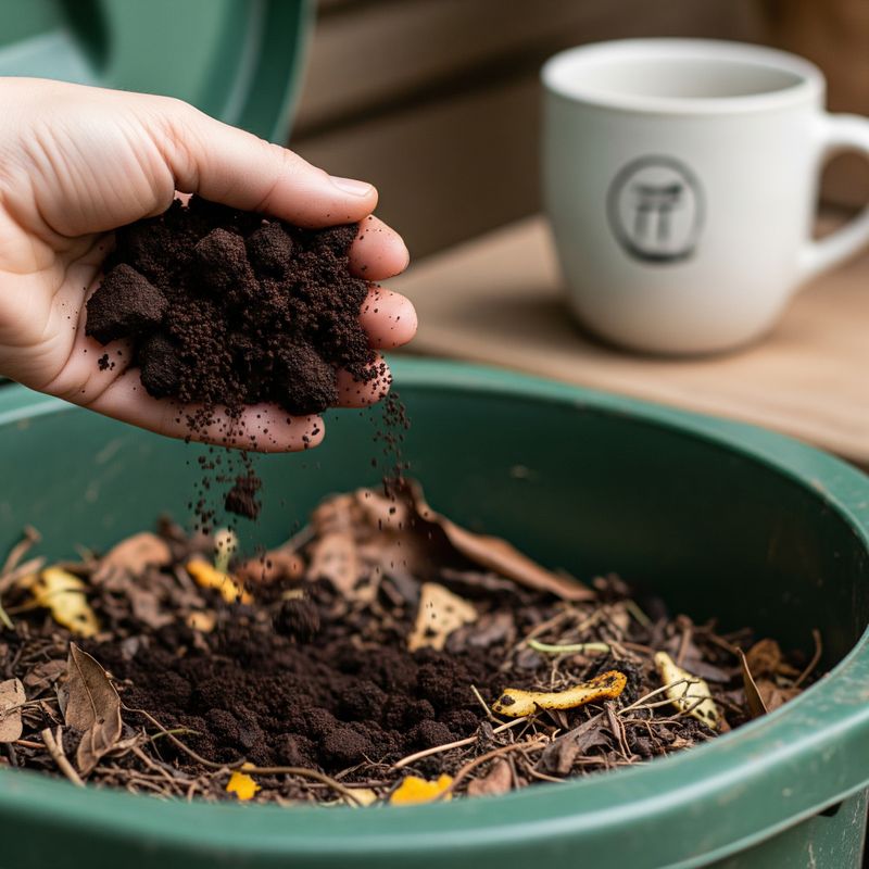 A handful of used coffee grounds being placed into a compost bin, with a coffee cup in the background.