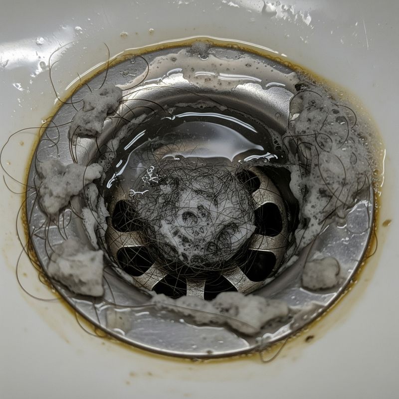 Hair and soap residue causing a bathroom drain clog.