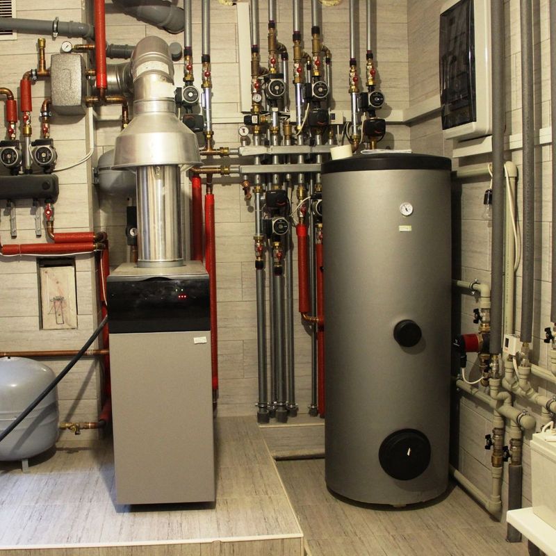 A large, cylindrical grey thermal storage tank standing next to a smaller rectangular heating unit with various pipes and valves.