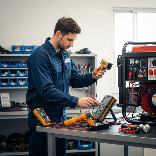 A technician carefully inspects a used generator A technician carefully inspects a used generator
