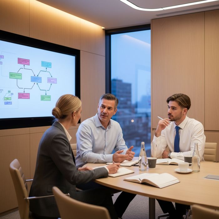 boardroom with flowcharts and continuity plans on a digital screen