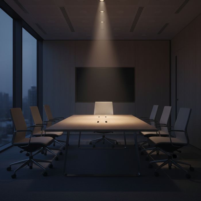 A spotlight on a single chair at a boardroom table, with other chairs dimmed