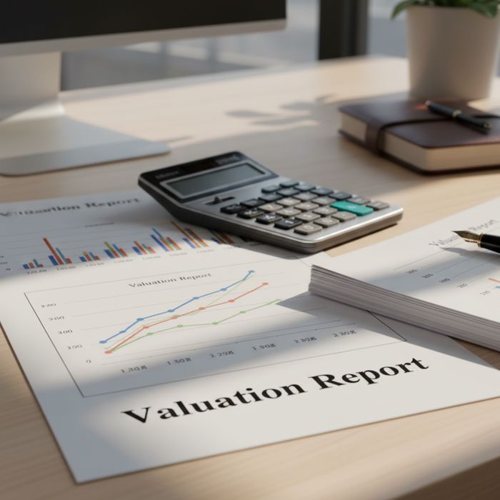 office desk with financial charts, a calculator, and a stack of documents labeled “Valuation Report"