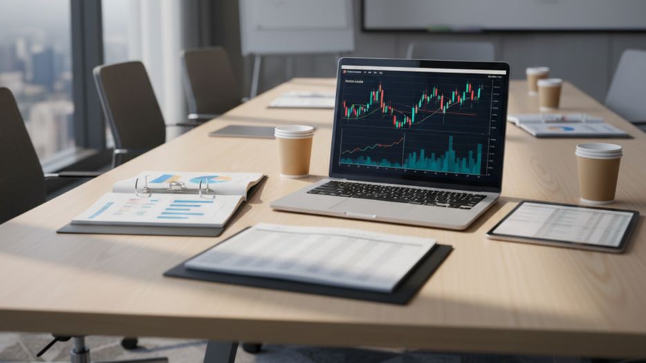 office conference room with financial reports, a laptop showing valuation graphs