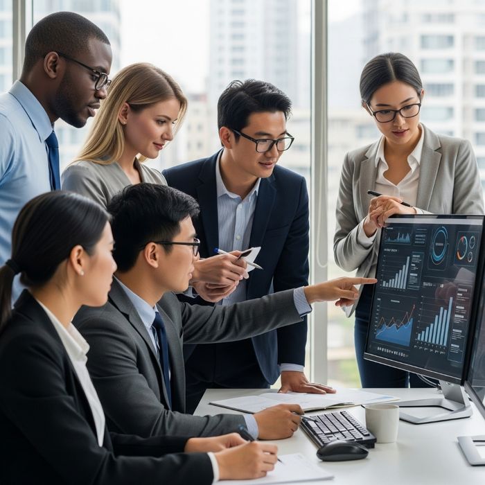Employees looking at computer Employees looking at computer