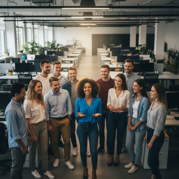 one key person highlighted in an office group photo