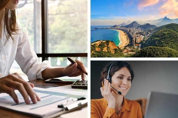 image collage of bookkeeper, woman on the phone, and Brazilian coastline