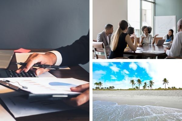 image collage of business meeting, bookkeeper, and Florida beach