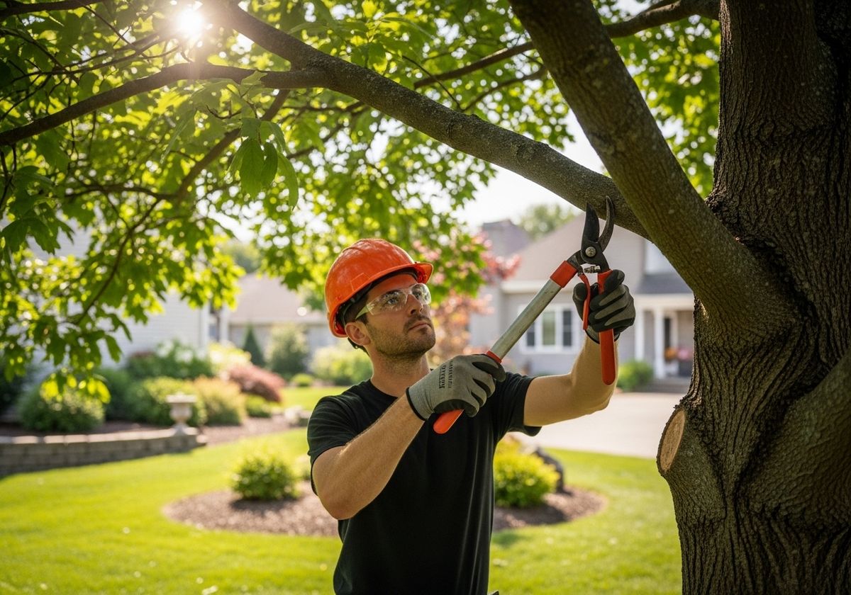 Man pruning tree branches in yard