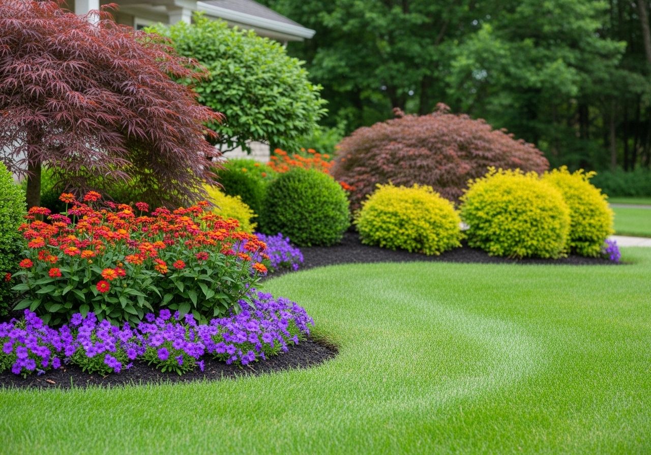 Landscaped Front Yard with Colorful Flowers and Manicured Lawn