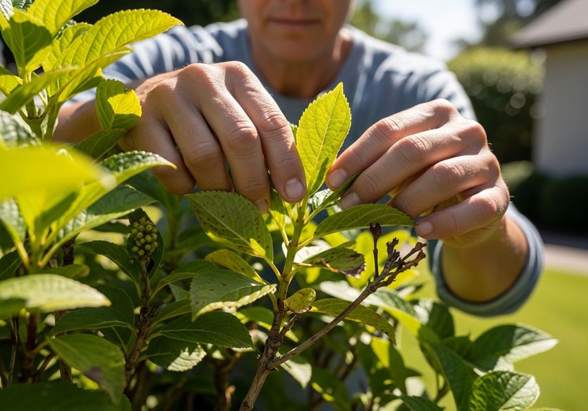 Gardener tending to hydrangea plant