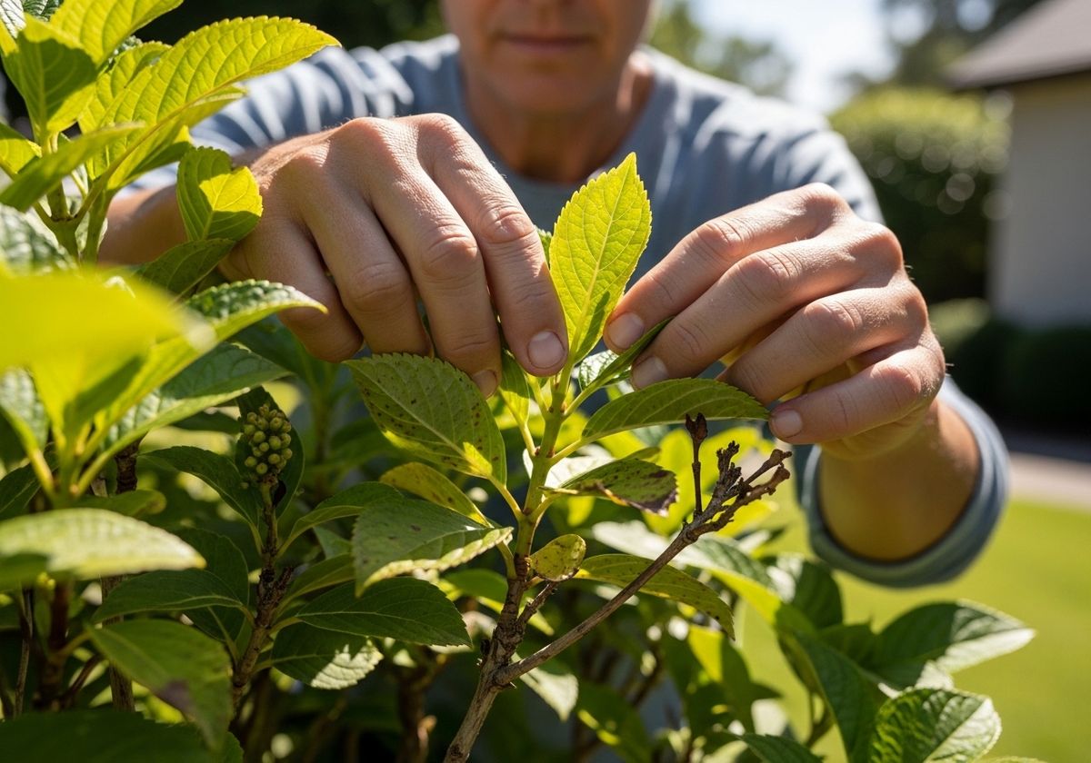 Gardener tending to hydrangea plant