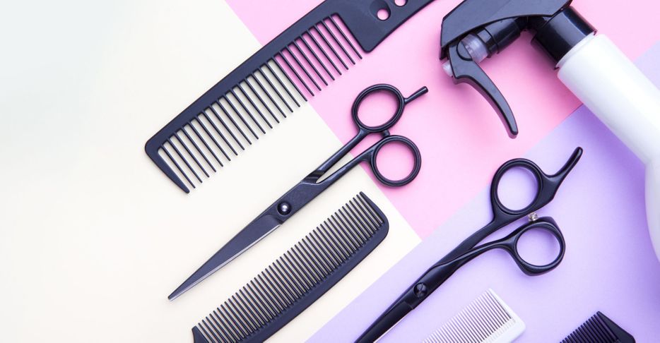 hair dressing equipment on a purple and white background